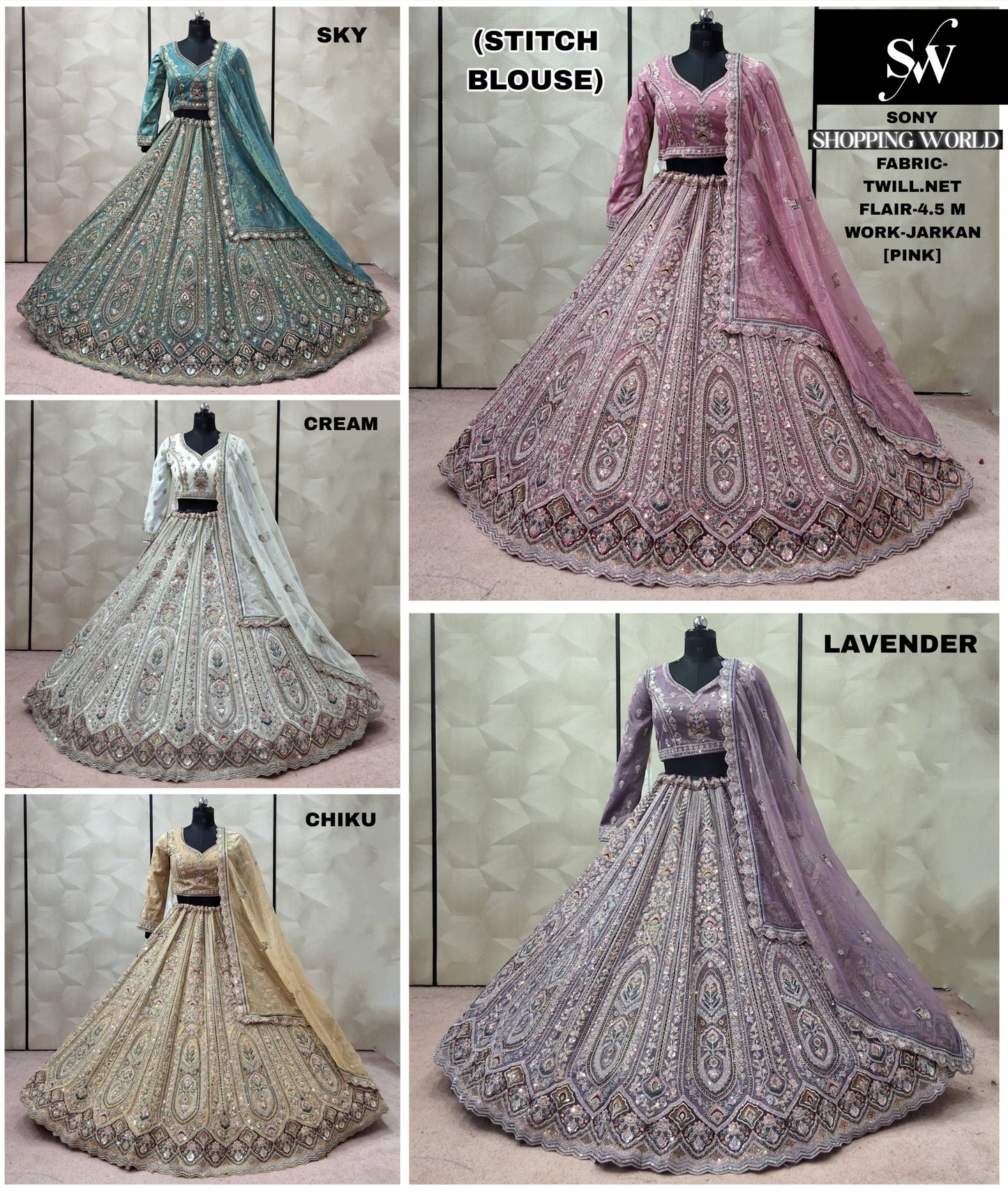 pink Sky Blue Cream Chiku Golden Lavendel Twill Net crop top Lehenga
