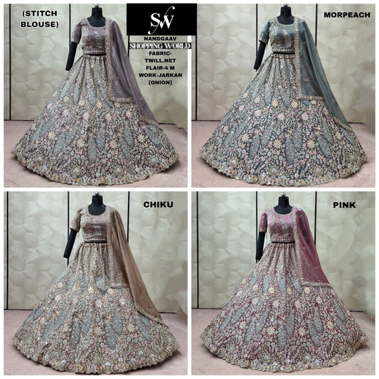 Onion pink Morpeach Blue Chiku golden Pink Twill Net crop top Lehenga