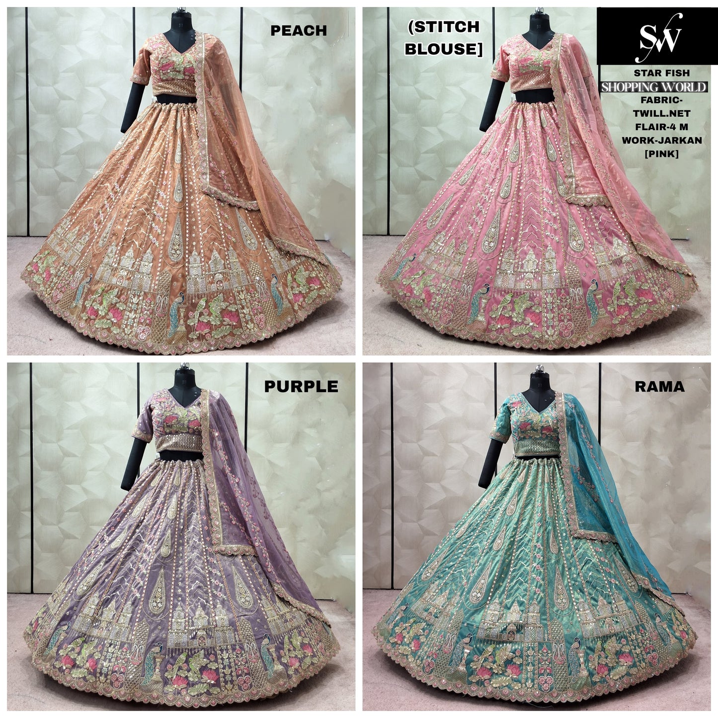 Peach pink Purple Rama green peacock crop top Lehenga