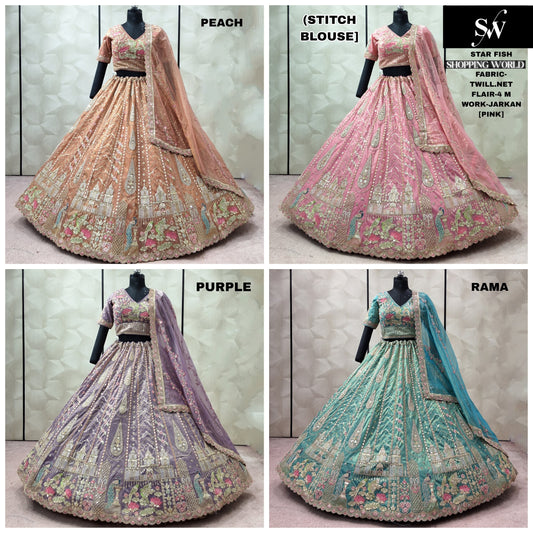 Peach pink Purple Rama green peacock crop top Lehenga