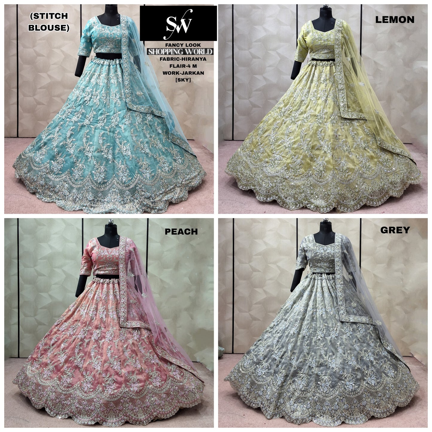 Lemon green Sky blue Peach Grey Hiranya crop top Lehenga