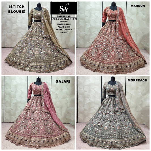 Chiku golden Maroon Gajri pink morpeach Moss Satin crop top Lehenga