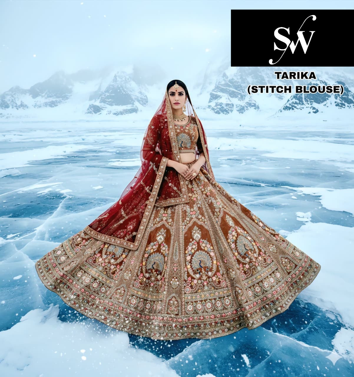 Orange Mustard peacock Tissue Double Dupatta Crop Top Lehenga