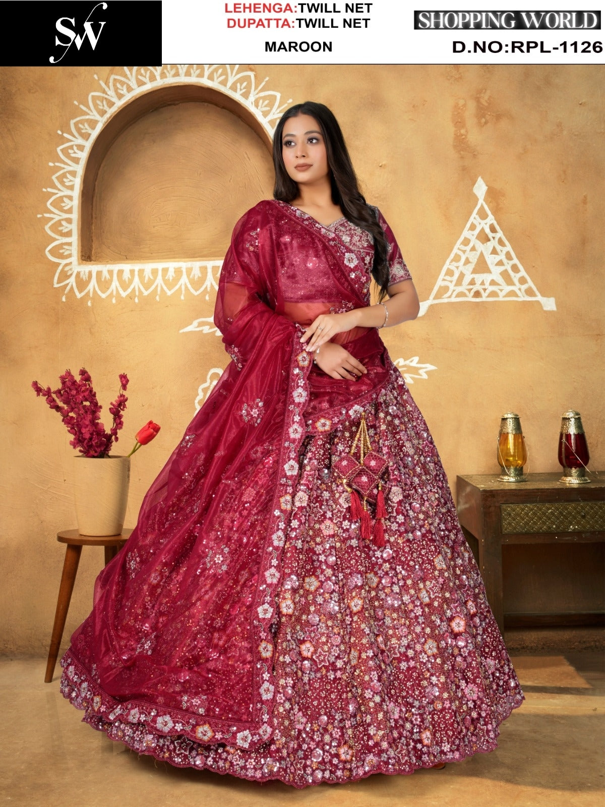 Maroon Twill Net Lehenga - Shopping World