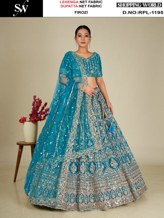 Firozi Blue Net Lehenga - Shopping World