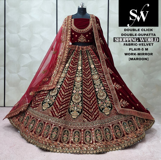 Rani Pink Velvet Double Dupatta bridal Lehenga - Shopping World