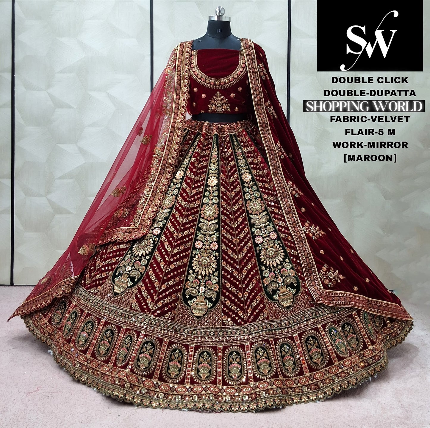 Rani Pink Velvet Double Dupatta bridal Lehenga - Shopping World