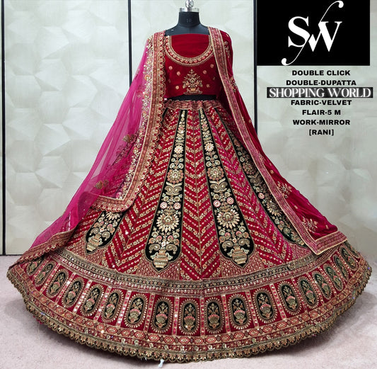 Rani Pink Velvet Double Dupatta bridal Lehenga - Shopping World