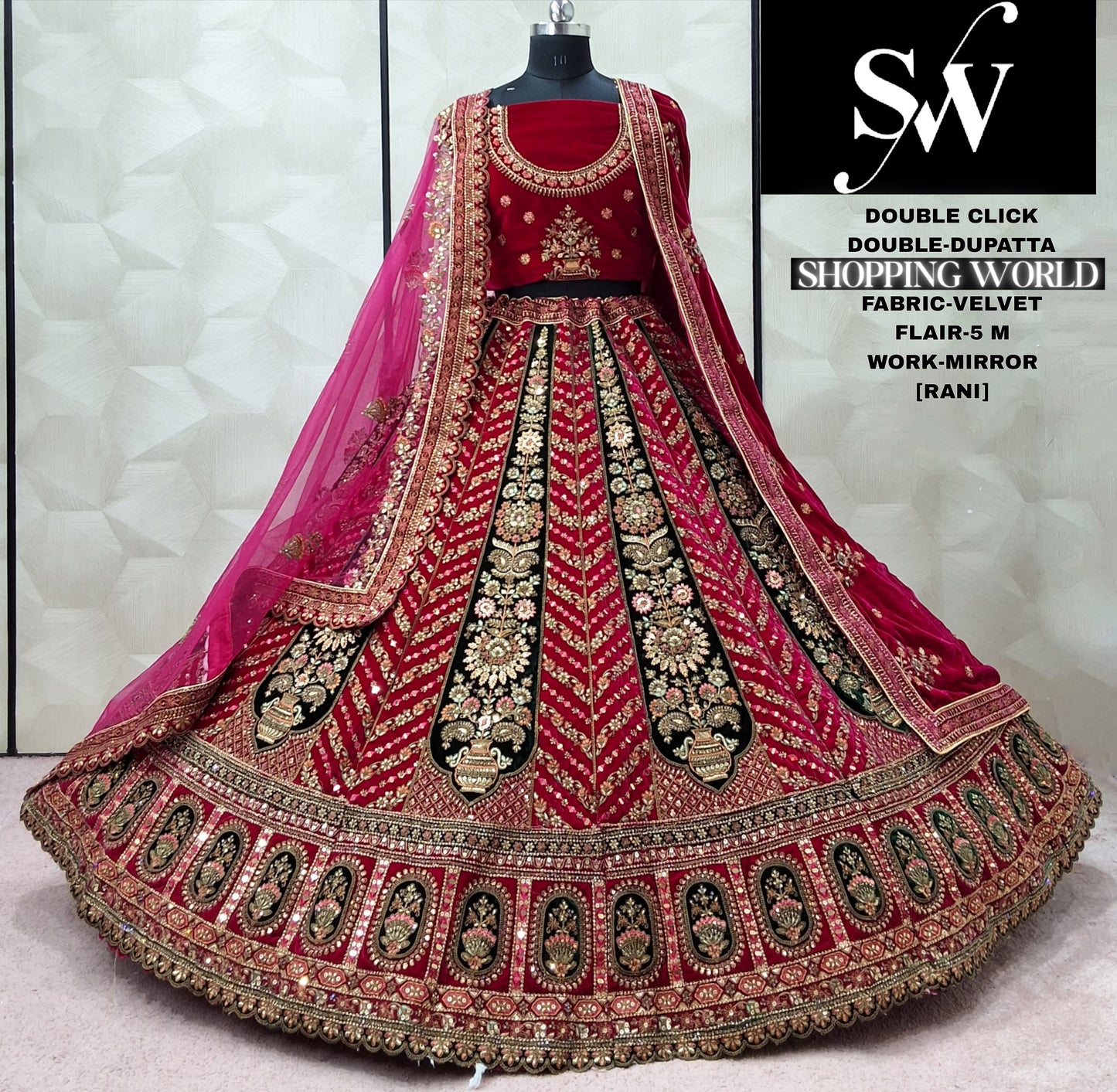 Rani Pink Velvet Double Dupatta bridal Lehenga - Shopping World