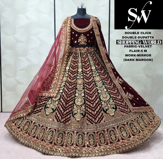 Rani Pink Velvet Double Dupatta bridal Lehenga - Shopping World