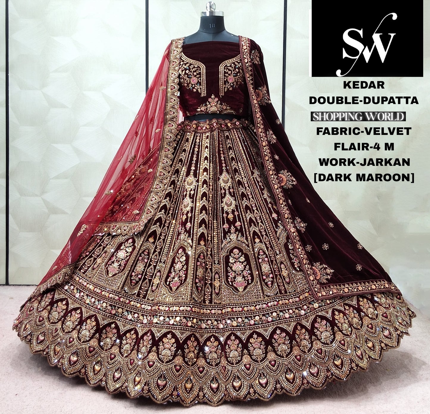 Dark Maroon Velvet Double Dupatta bridal Lehenga - Shopping World