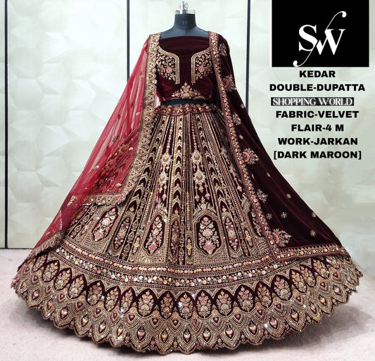Dark Maroon Velvet Double Dupatta bridal Lehenga - Shopping World