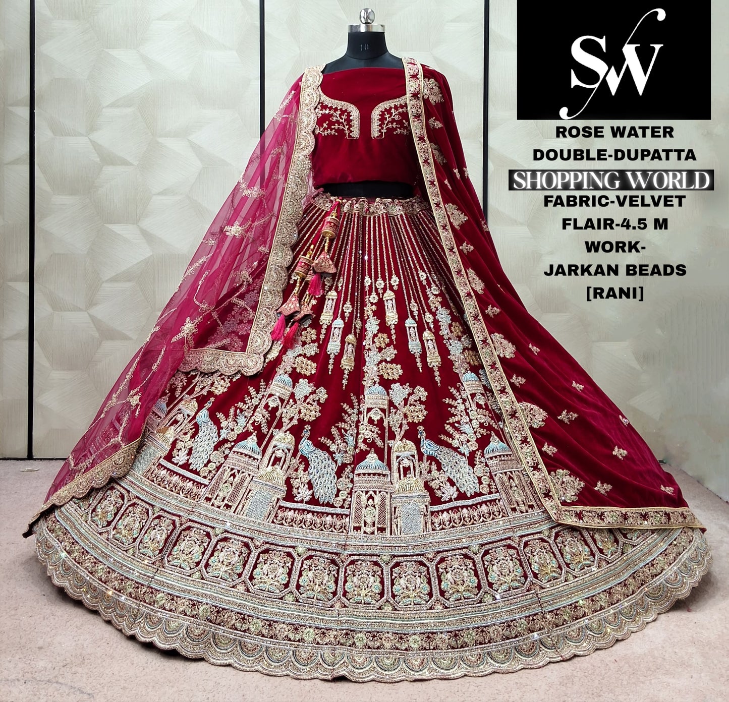 Rani pink Velvet Peacock Double Dupatta bridal Lehenga - Shopping World