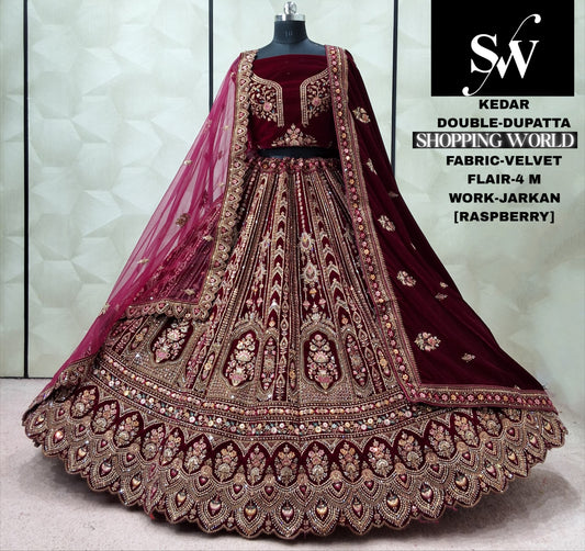 Dark Maroon Velvet Double Dupatta bridal Lehenga - Shopping World