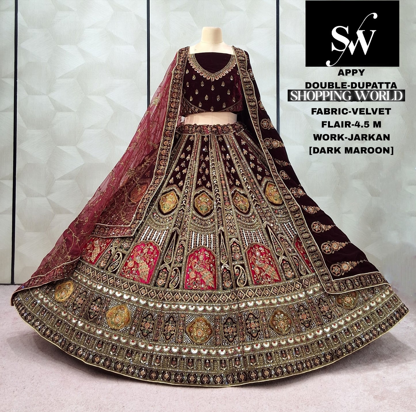 Dark Maroon peacock Velvet bridal Lehenga - Shopping World