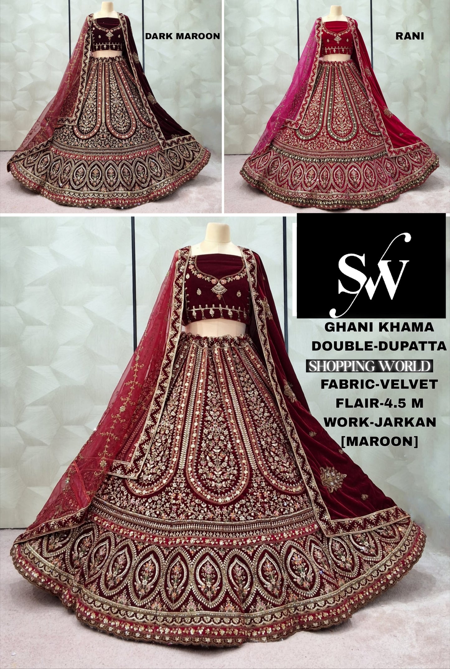 Maroon Dark Maroon Rani pink Velvet Double Dupatta Bridal Lehenga - Shopping World
