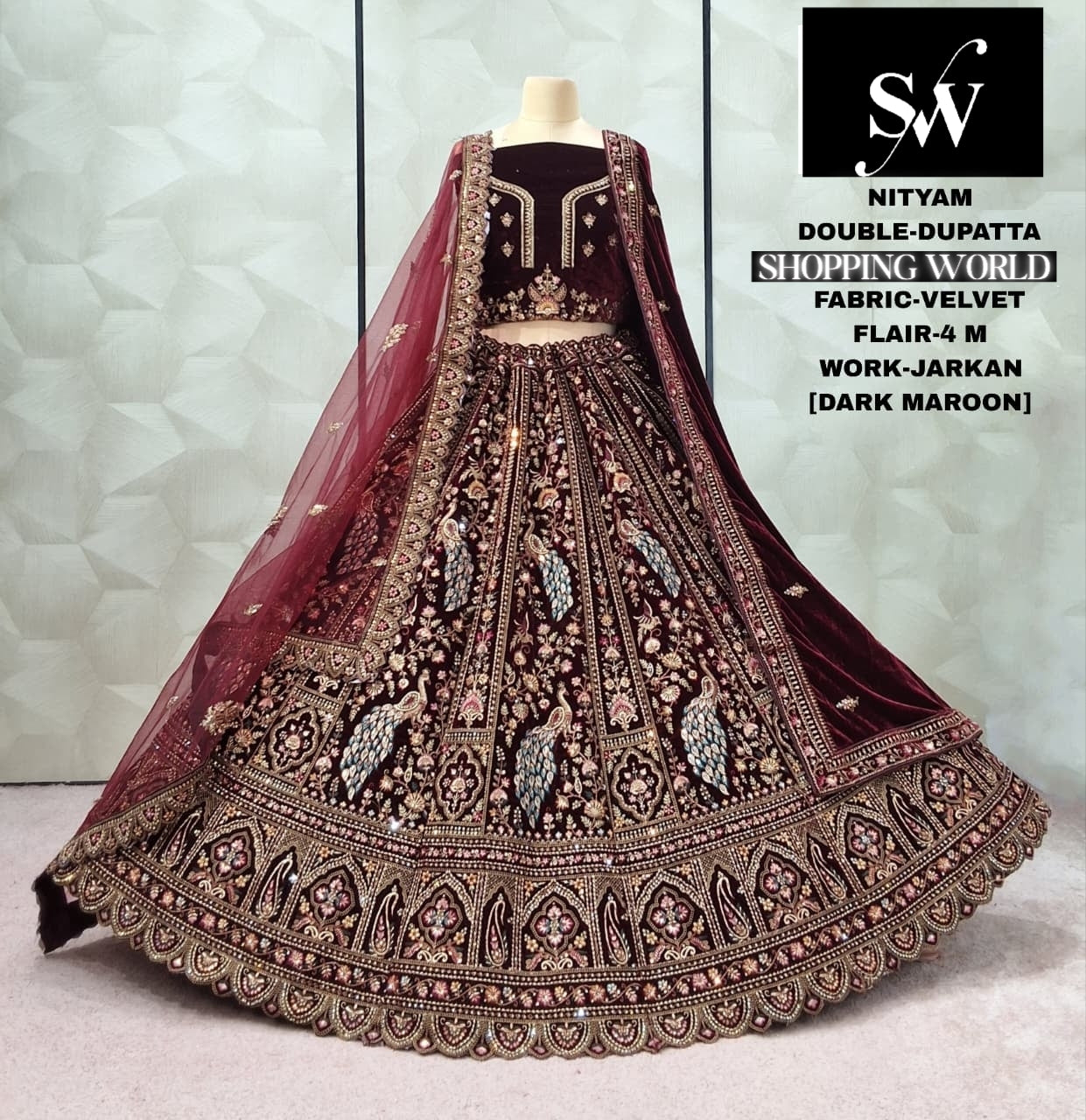 Dark Maroon Velvet Peacock Double Dupatta bridal Lehenga - Shopping World