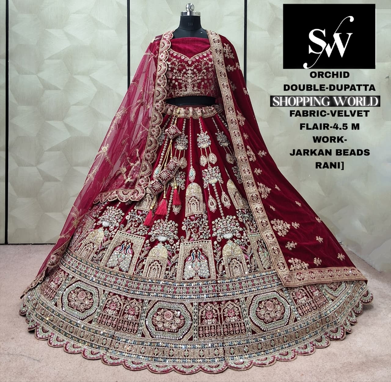 Maroon Velvet Peacock Double Dupatta bridal Lehenga - Shopping World