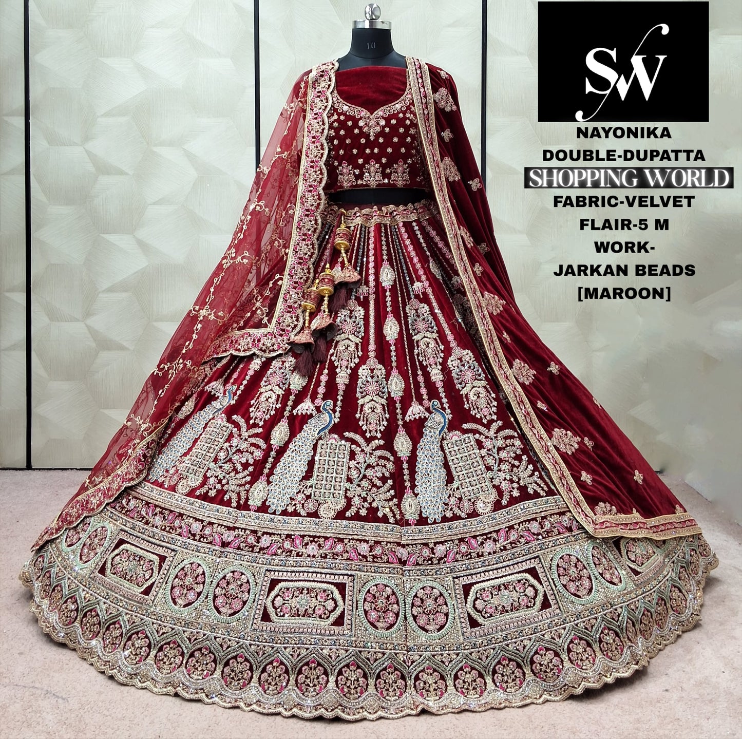 Maroon Velvet Peacock Double Dupatta bridal Lehenga - Shopping World