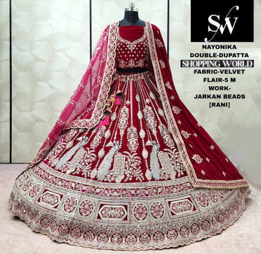 Maroon Velvet Peacock Double Dupatta bridal Lehenga - Shopping World