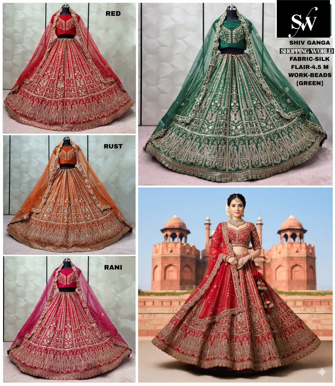 Red Rani pink Rust orange Silk Peacock Bridal Lehenga - Shopping World
