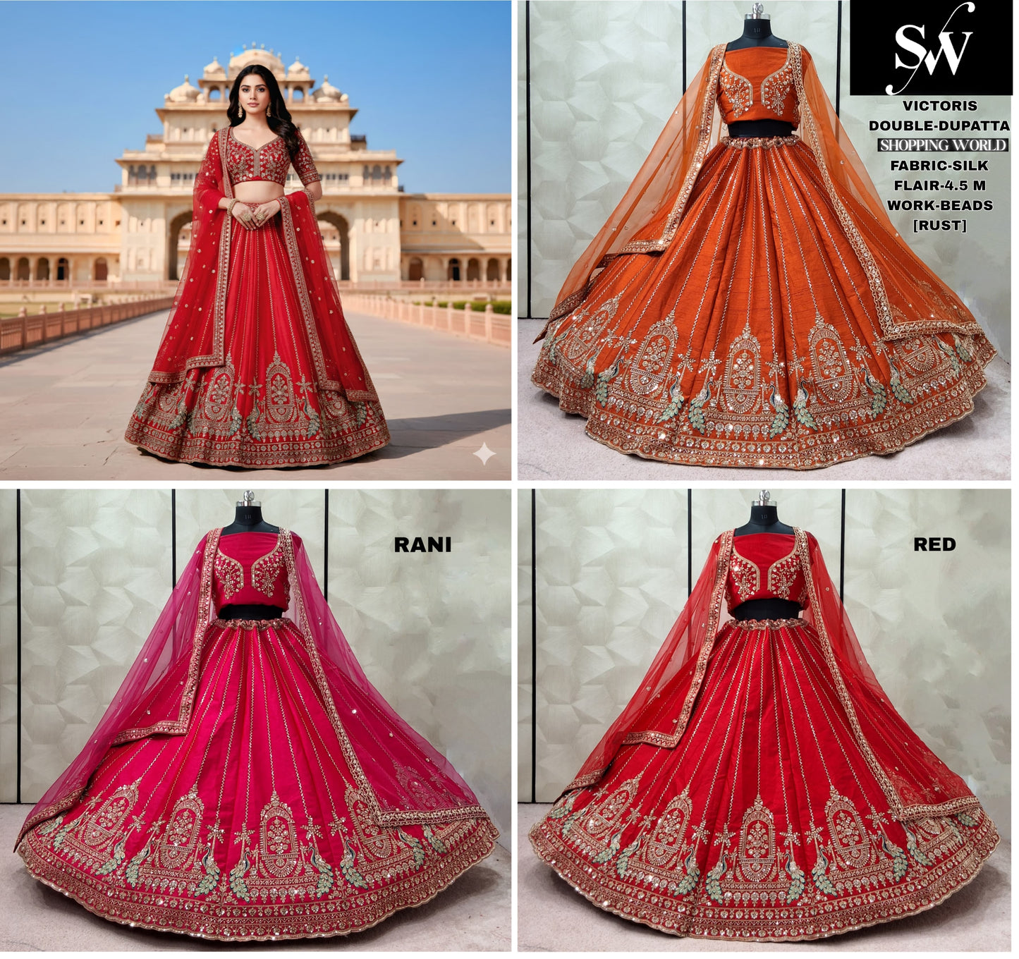 Red Rani pink Rust orange Double Dupatta Silk Peacock Bridal Lehenga - Shopping World