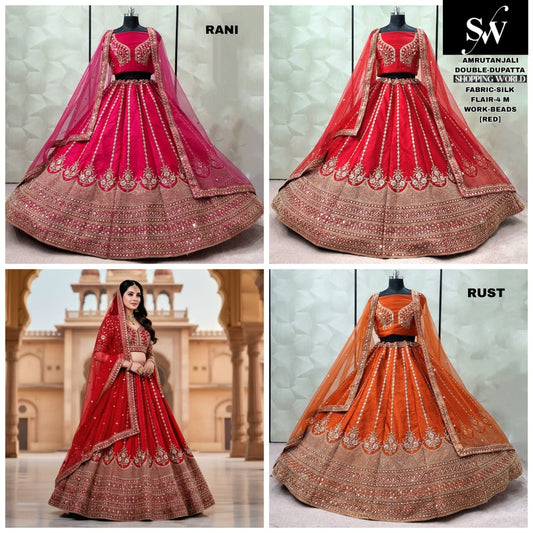 Rani pink Red Rust orange Silk Bridal Lehenga - Shopping World