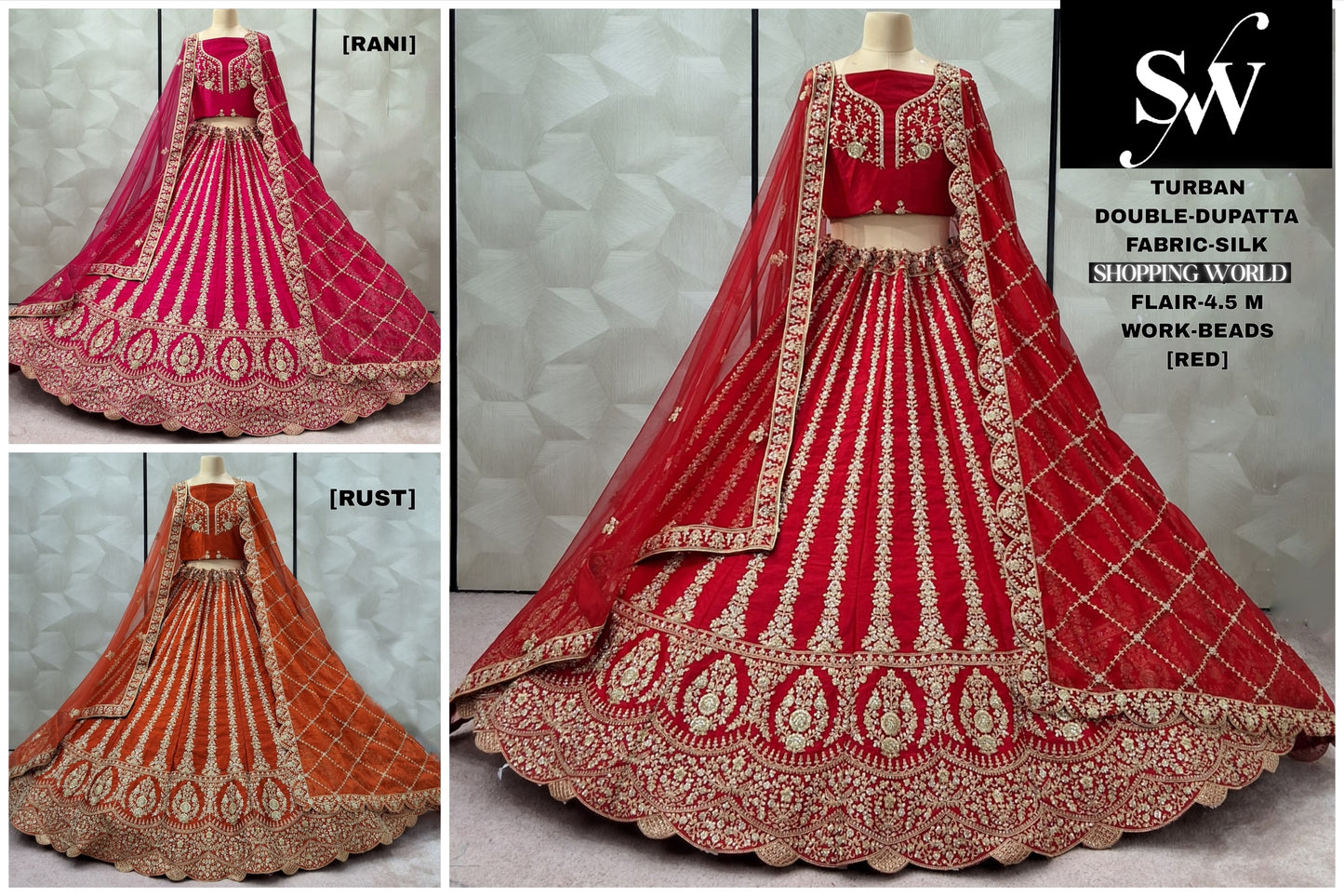Red Rani pink Rust orange Double Dupatta Silk Bridal Lehenga - Shopping World