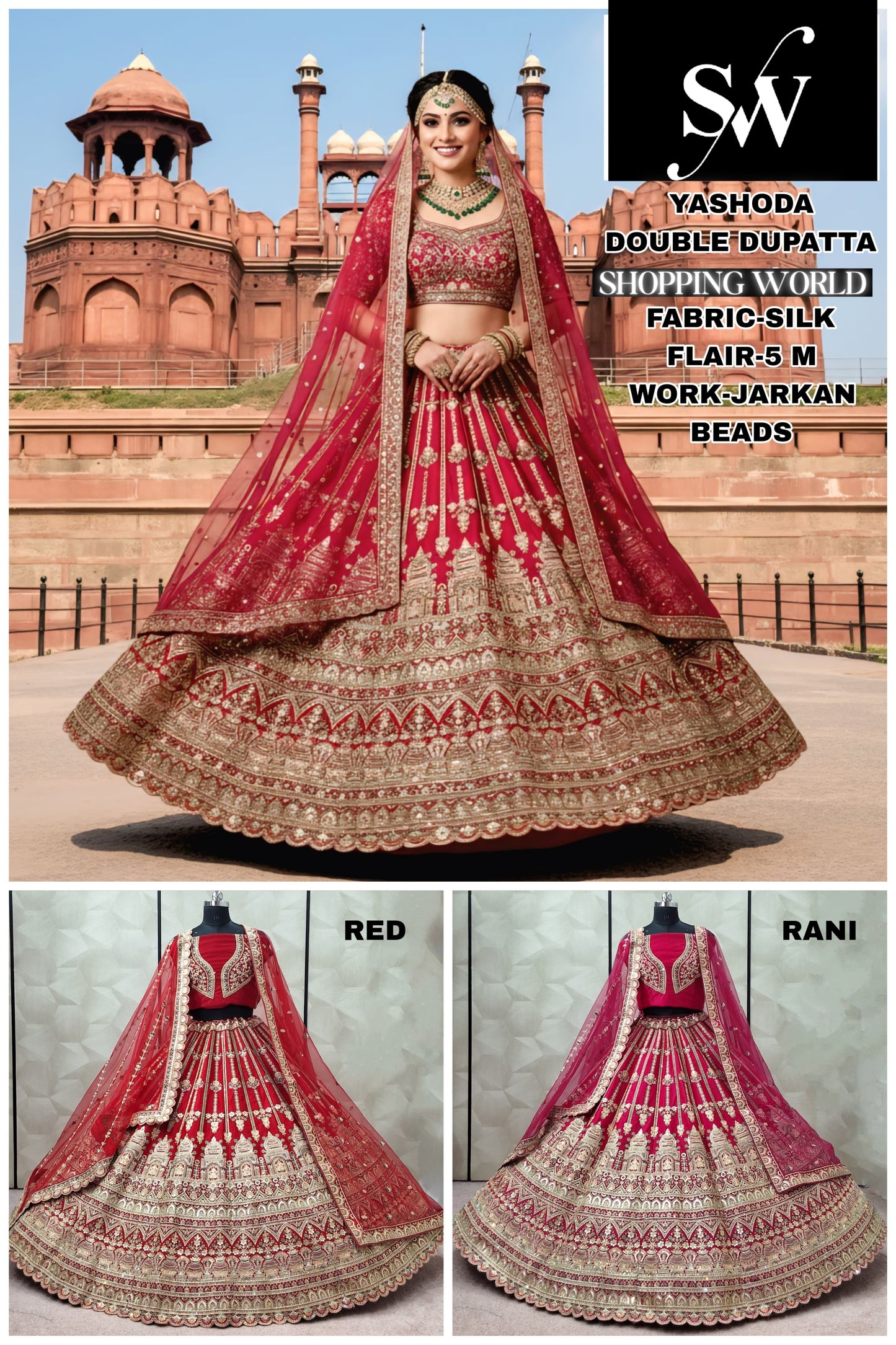 Rani pink Red Double Dupatta Silk Bridal Lehenga - Shopping World