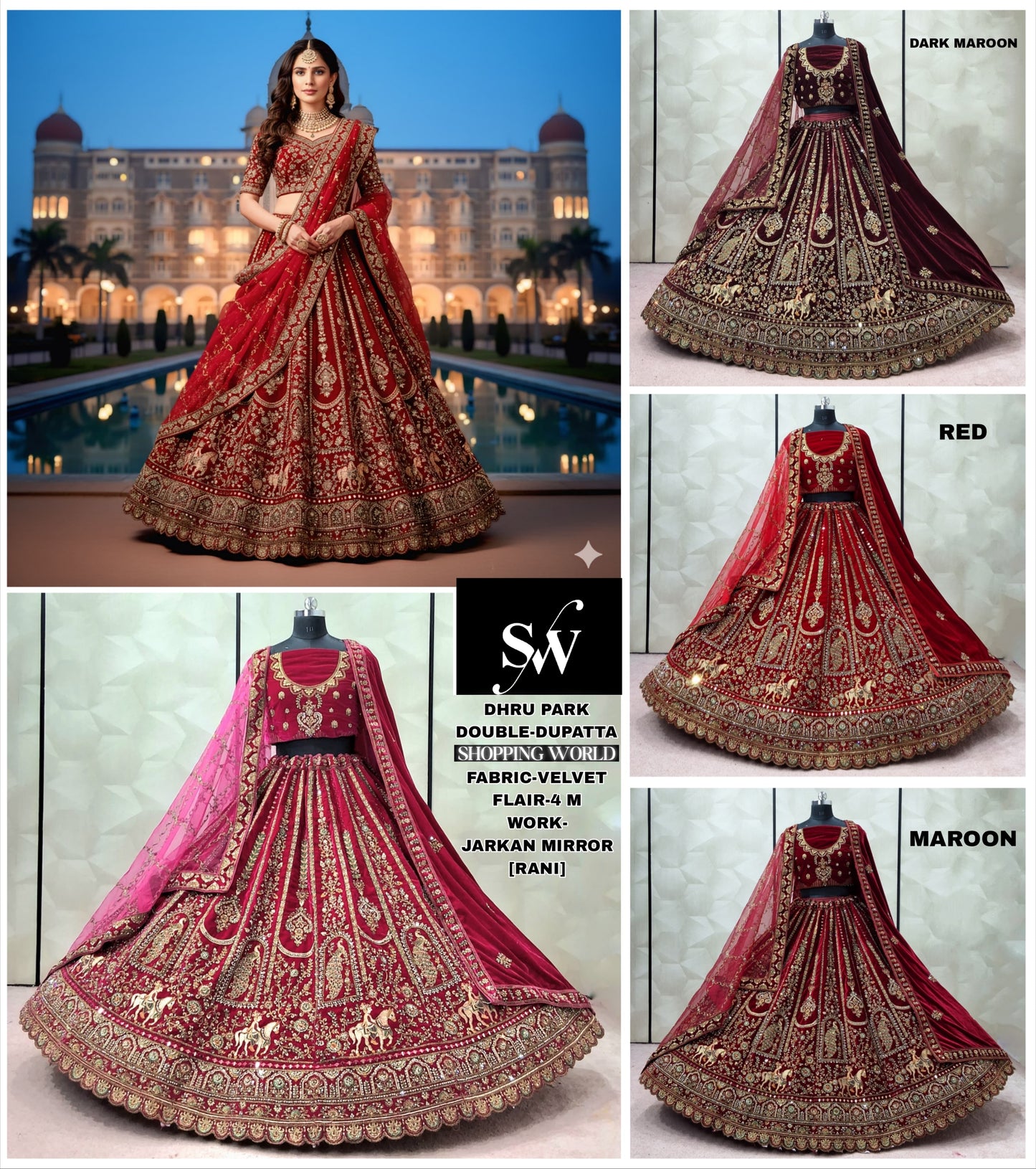 Rani pink Dark Maroon Maroon Red Double Dupatta Velvet Peacock Bridal Lehenga - Shopping World