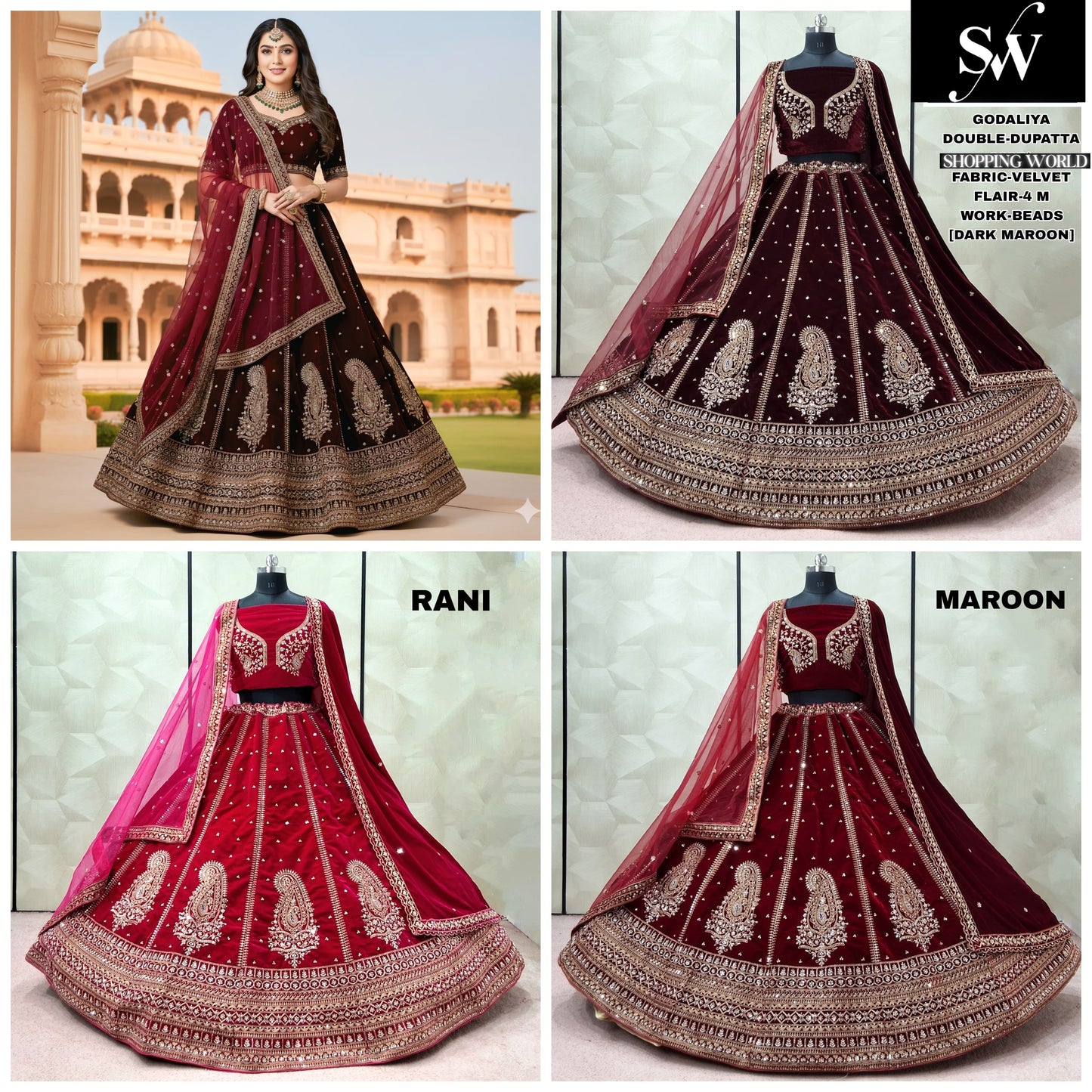 Rani pink Maroon Dark Maroon Double Dupatta Velvet Bridal Lehenga - Shopping World