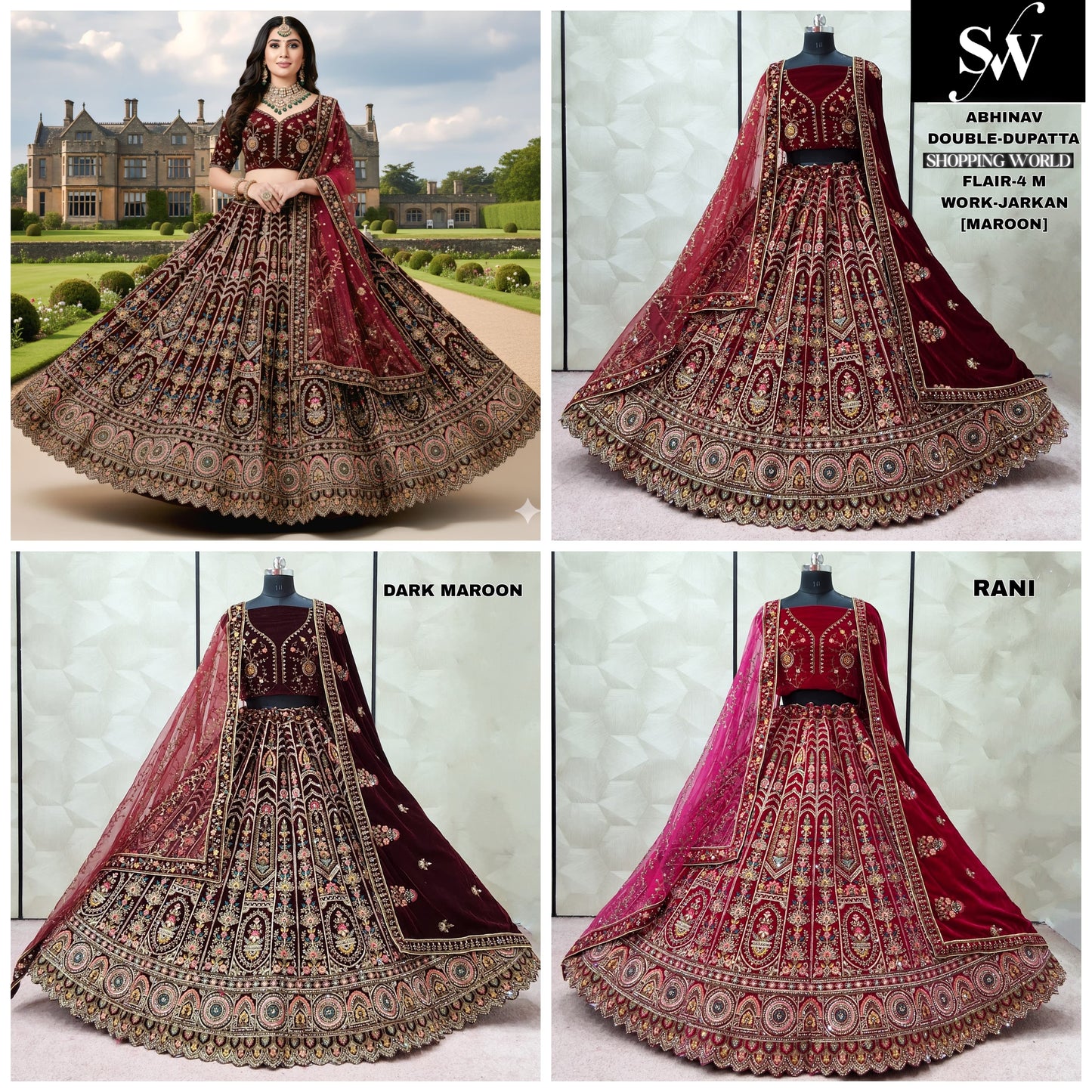 Maroon Dark Maroon Rani pink Double Dupatta Bridal Lehenga - Shopping World
