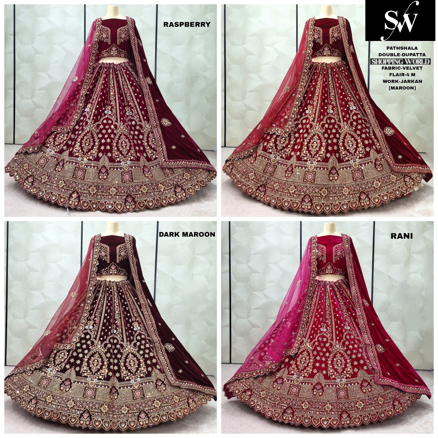 Maroon Dark Maroon Rani pink Raspberry Velvet Double Dupatta Bridal Lehenga - Shopping World