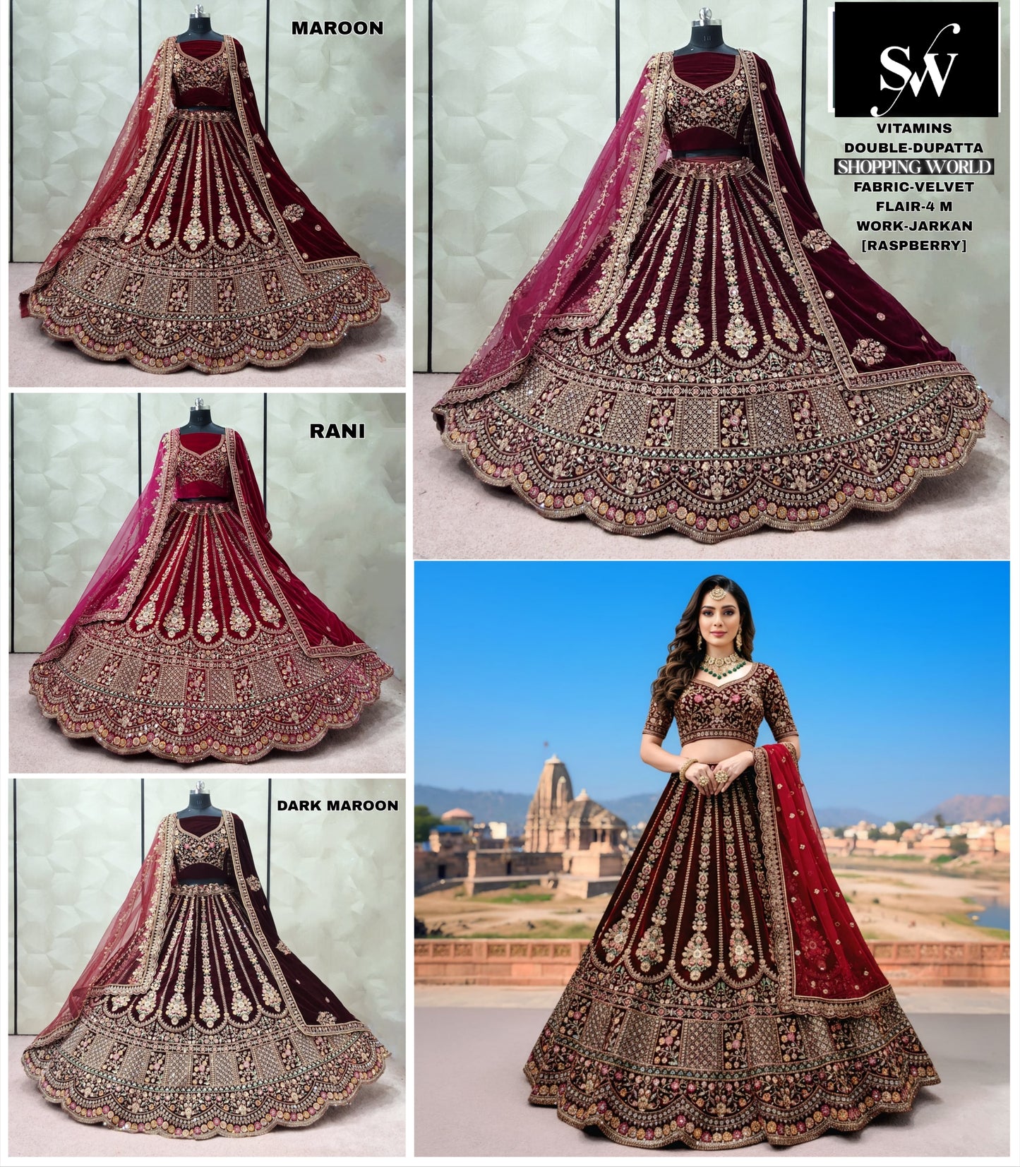 Maroon Dark Maroon Rani pink Raspberry Velvet Double Dupatta Bridal Lehenga - Shopping World
