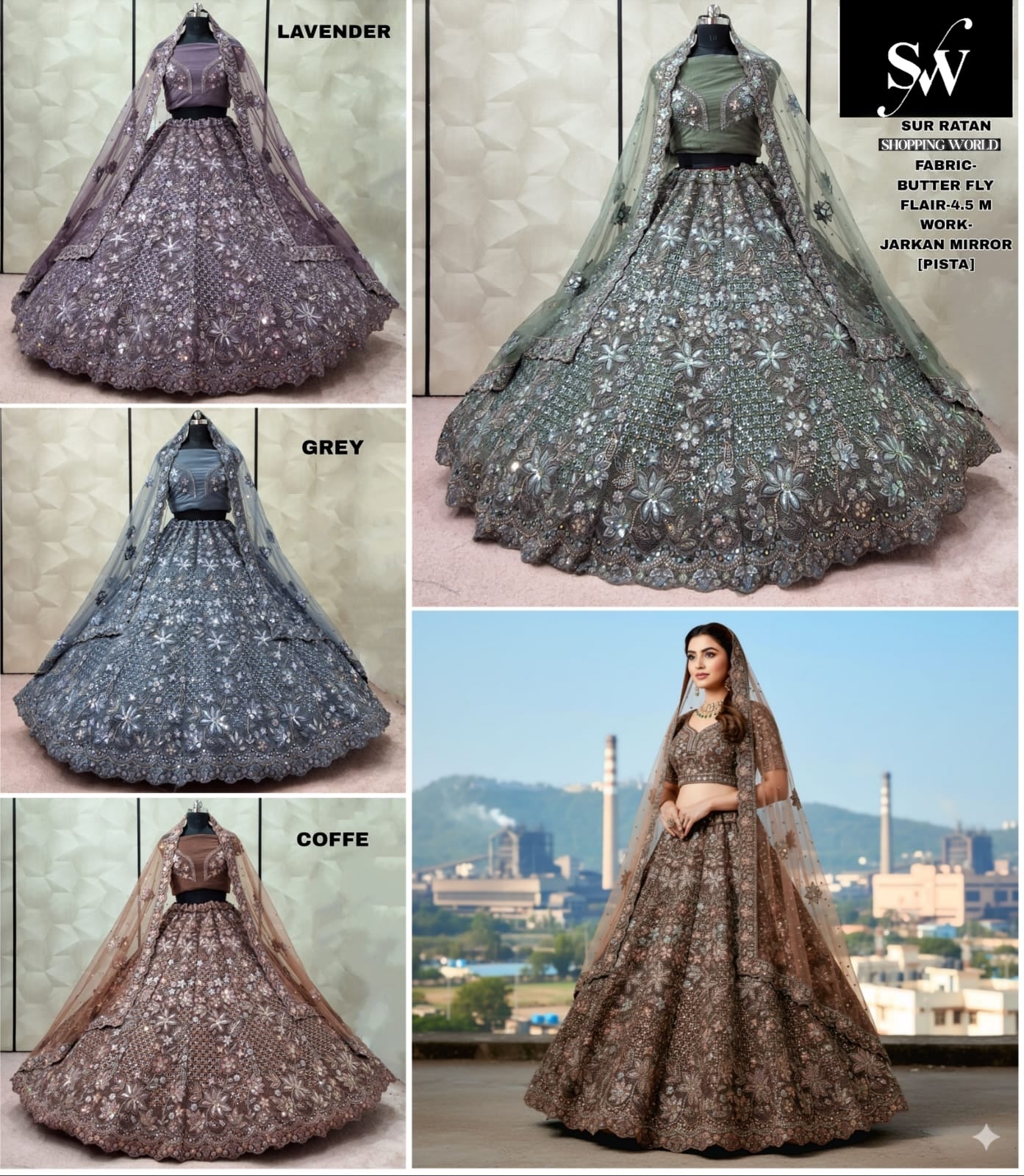 Lavender Grey Coffee Pista green Butterfly Lehenga - Shopping World