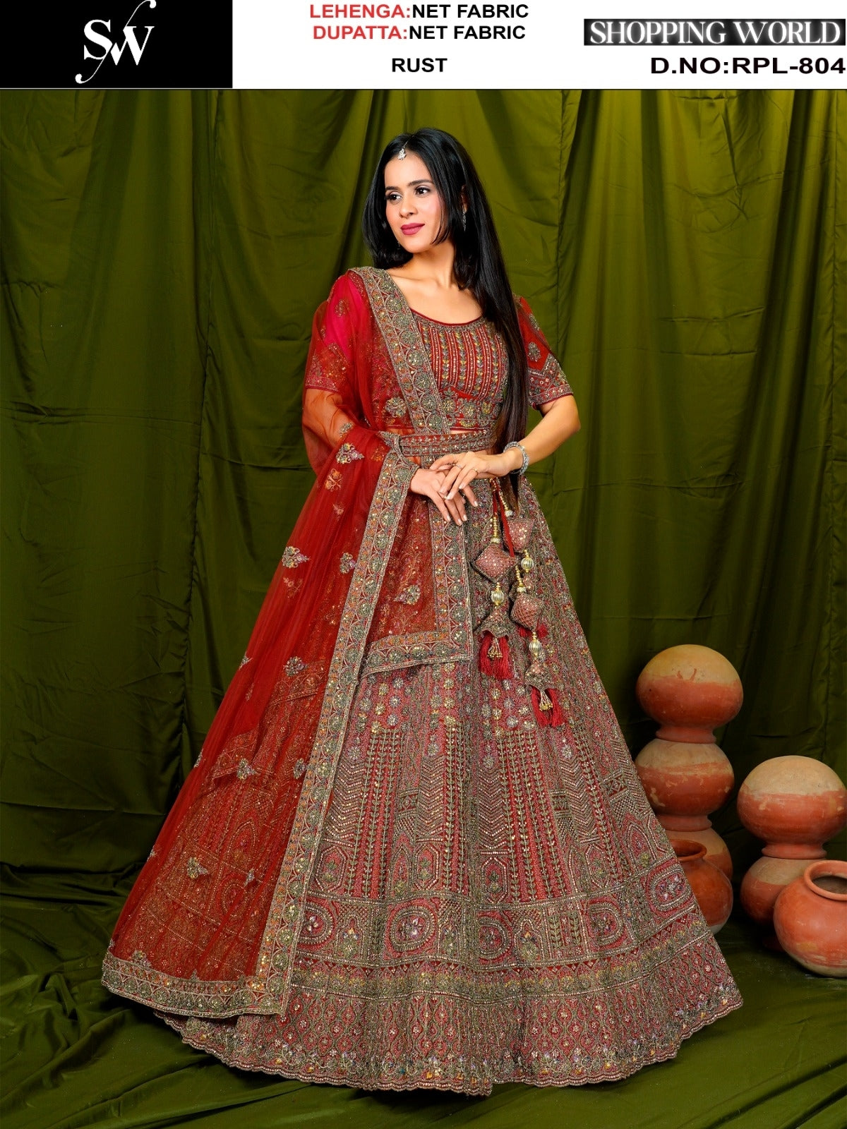 Rust Red Net Lehenga - Shopping World