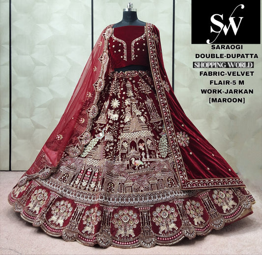 Maroon Velvet Peacock Double Dupatta bridal Lehenga - Shopping World