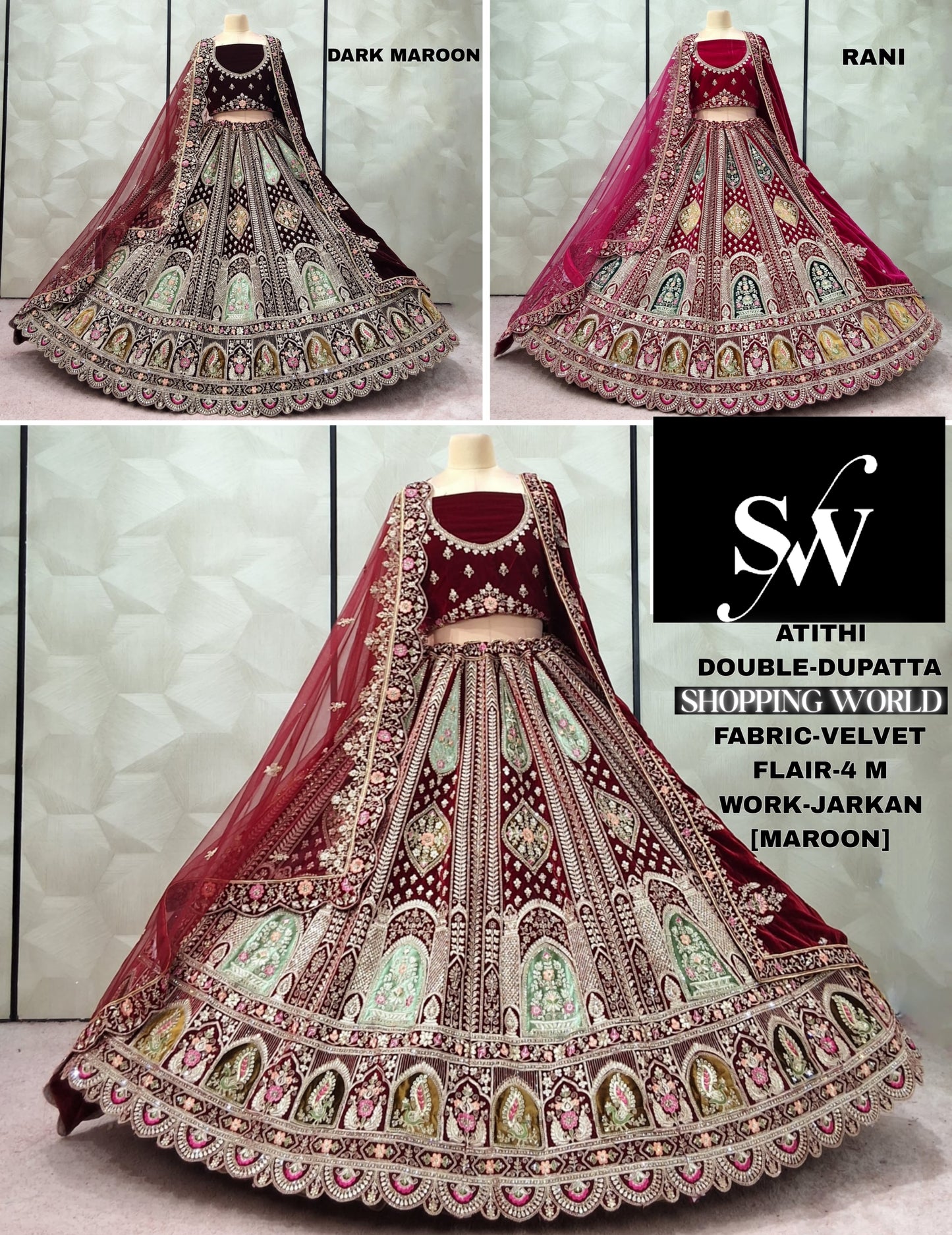 Maroon Rani pink Dark maroon Peacock Velvet Double Dupatta bridal Lehenga - Shopping World