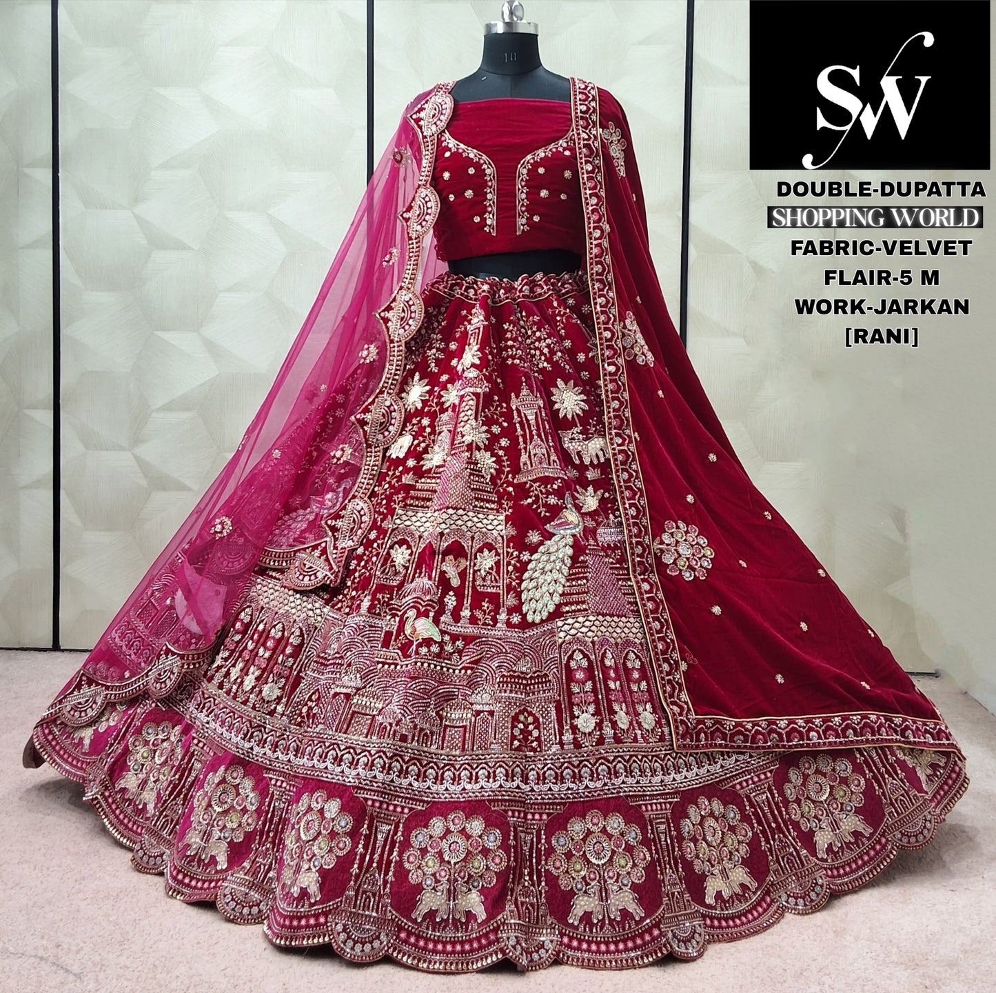 Maroon Velvet Peacock Double Dupatta bridal Lehenga - Shopping World