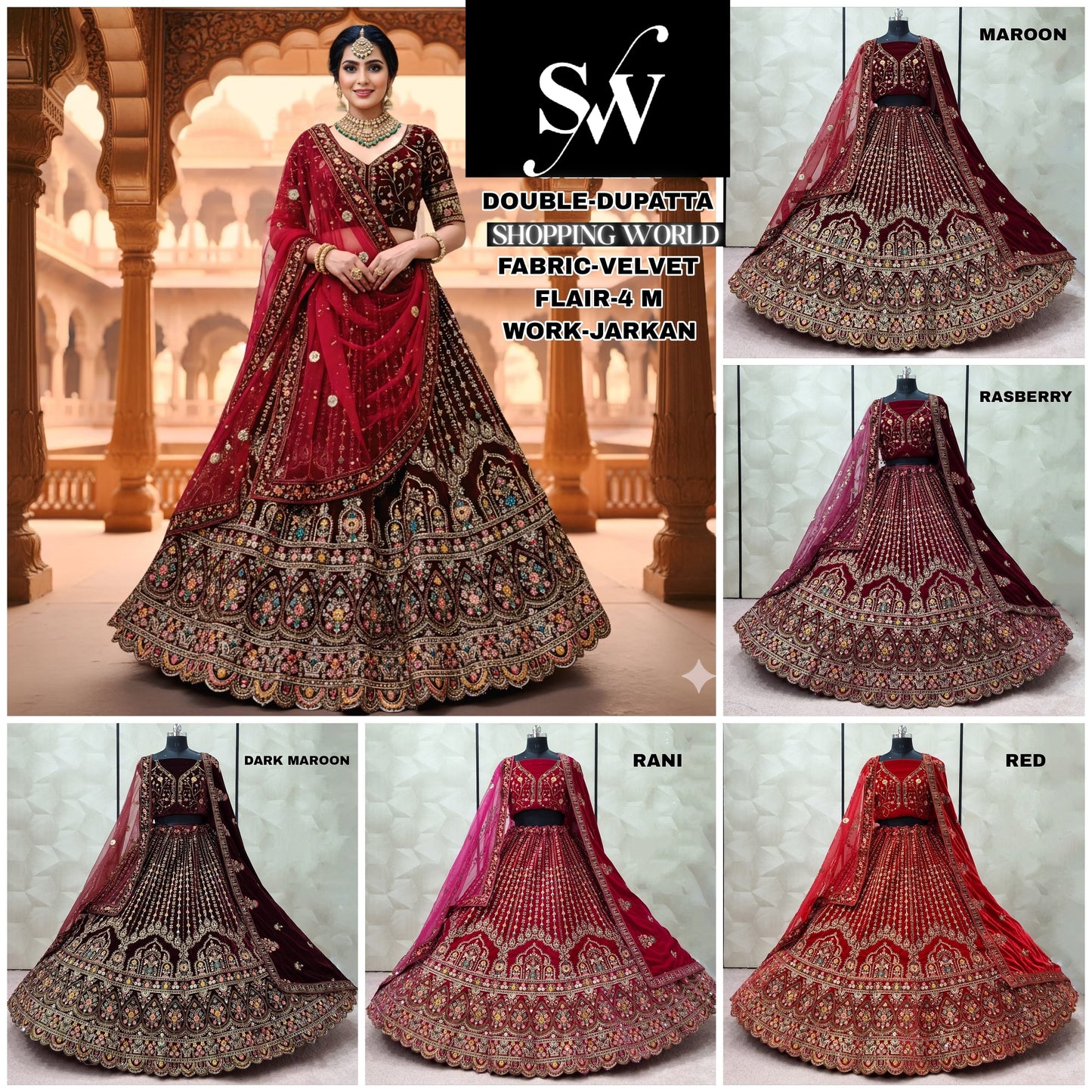 Red Maroon Rani pink Rasberry Dark maroon Peacock Velvet Double Dupatta bridal Lehenga - Shopping World