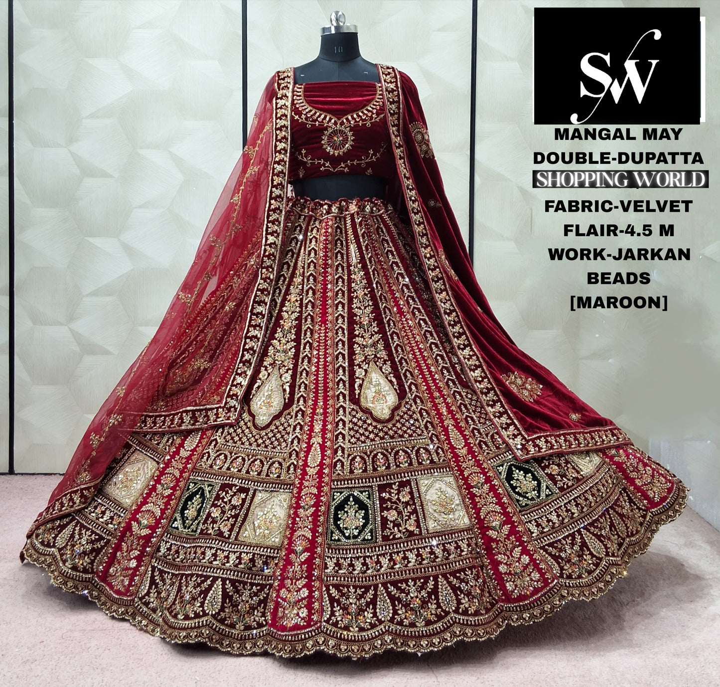 Maroon Velvet Double Dupatta bridal Lehenga - Shopping World
