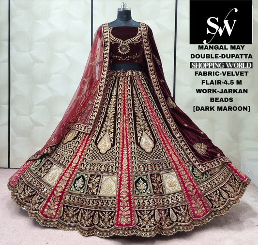 Maroon Velvet Double Dupatta bridal Lehenga - Shopping World