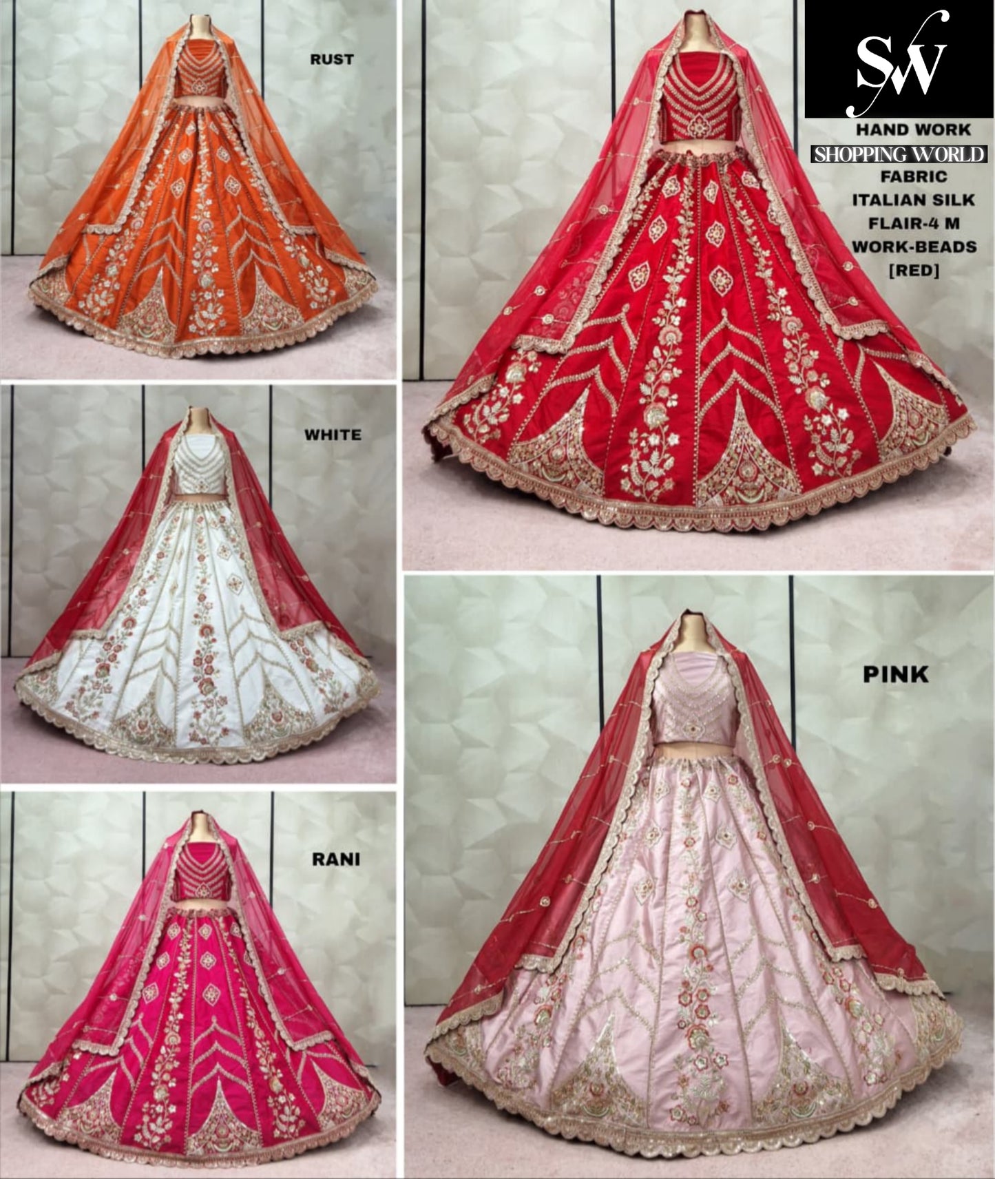 Rani pink Baby pink White Rust Orange Red Italian Silk Lehenga - Shopping World