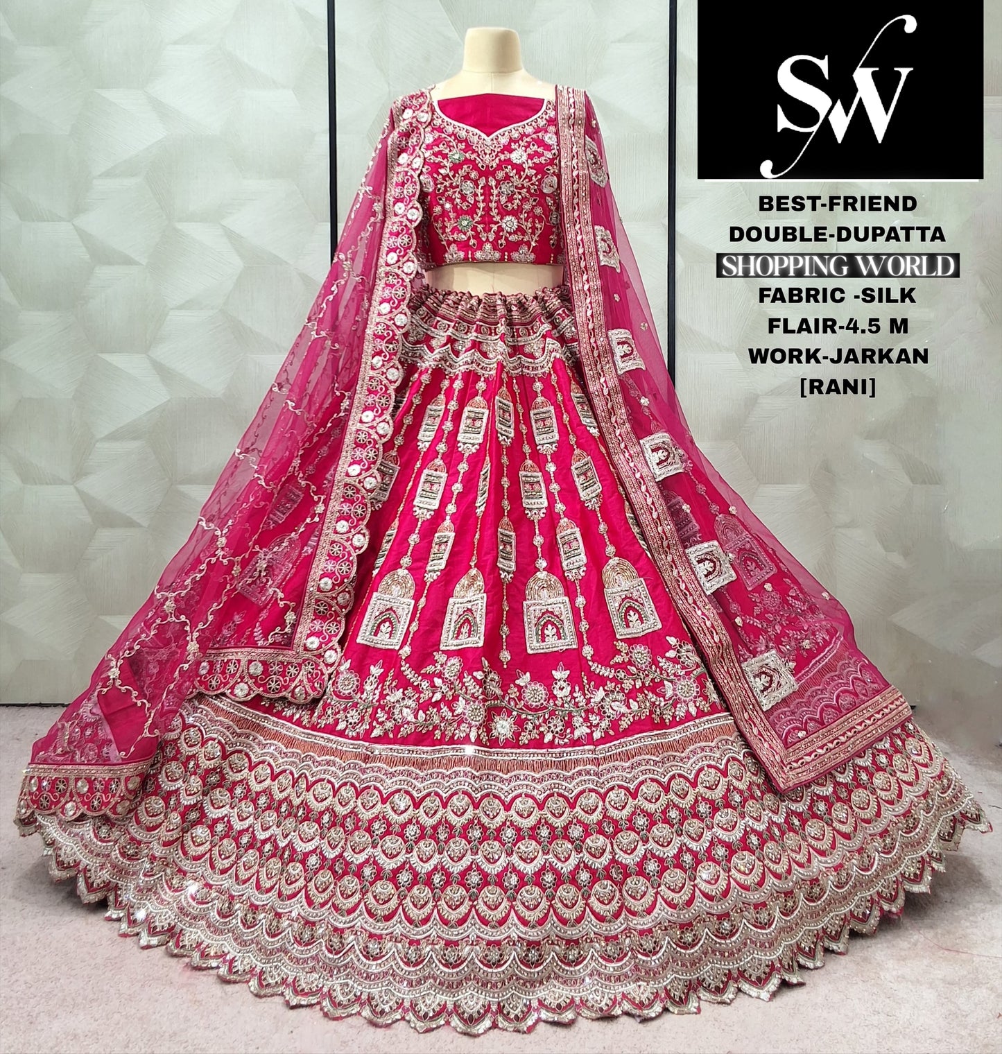 Rani pink Silk Double Dupatta bridal Lehenga - Shopping World