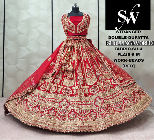 Red Silk peacock Double Dupatta bridal Lehenga - Shopping World