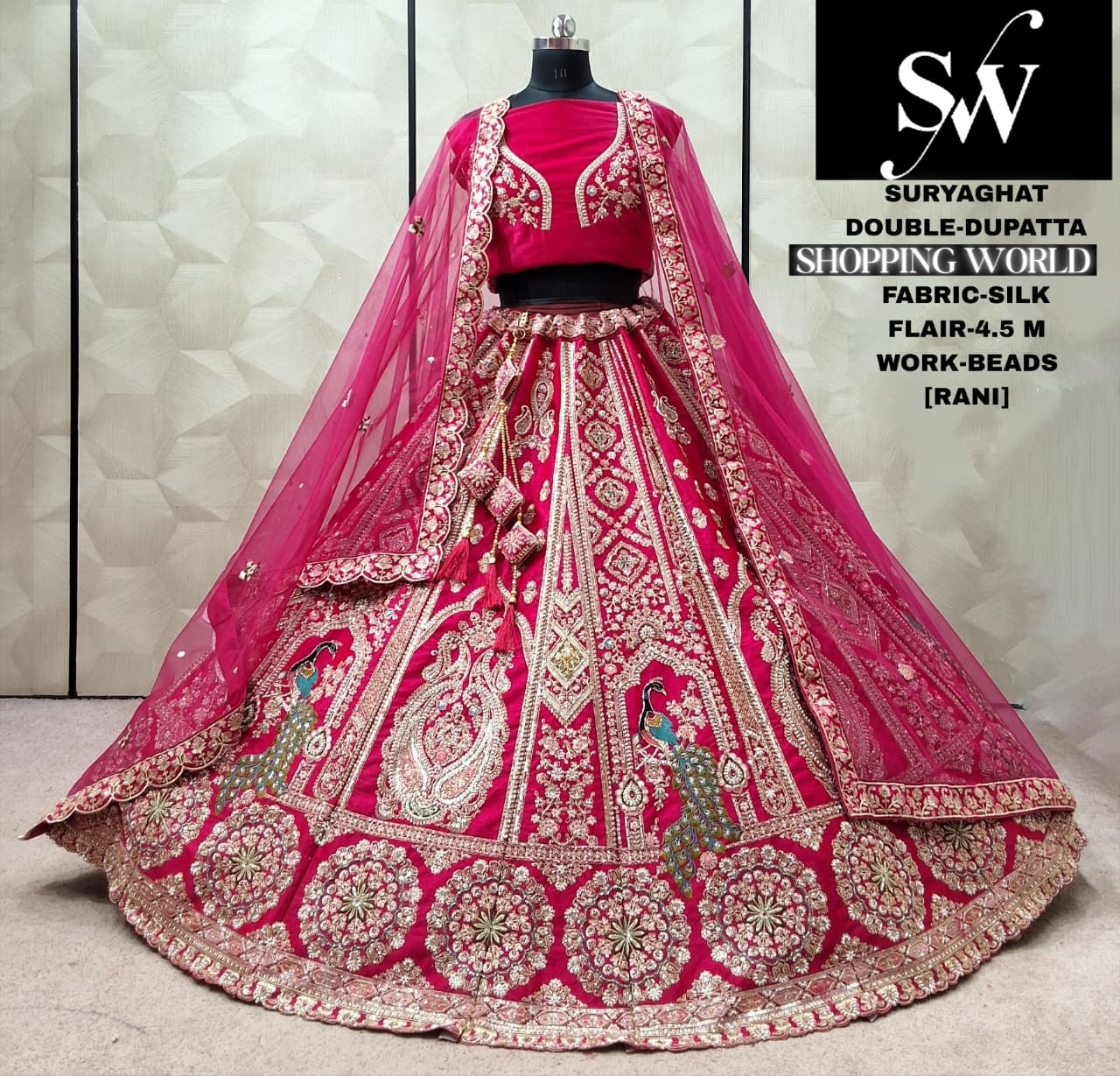 Rani Pink Silk Double Dupatta Peacock bridal Lehenga - Shopping World