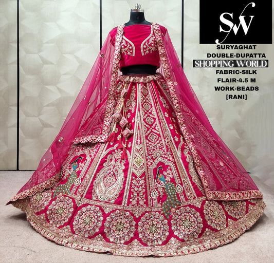 Rani Pink Silk Double Dupatta Peacock bridal Lehenga - Shopping World