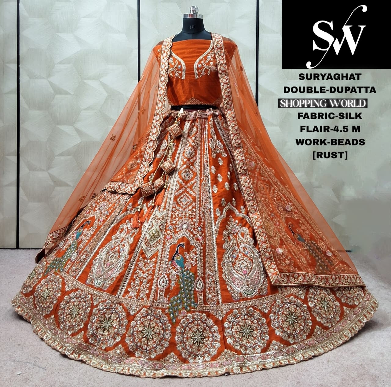 Rani Pink Silk Double Dupatta Peacock bridal Lehenga - Shopping World