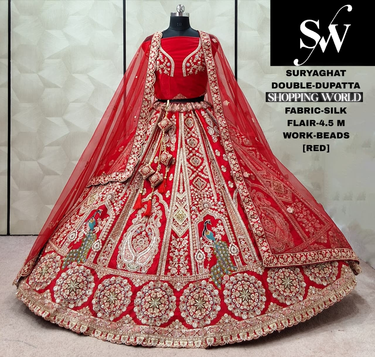 Rani Pink Silk Double Dupatta Peacock bridal Lehenga - Shopping World