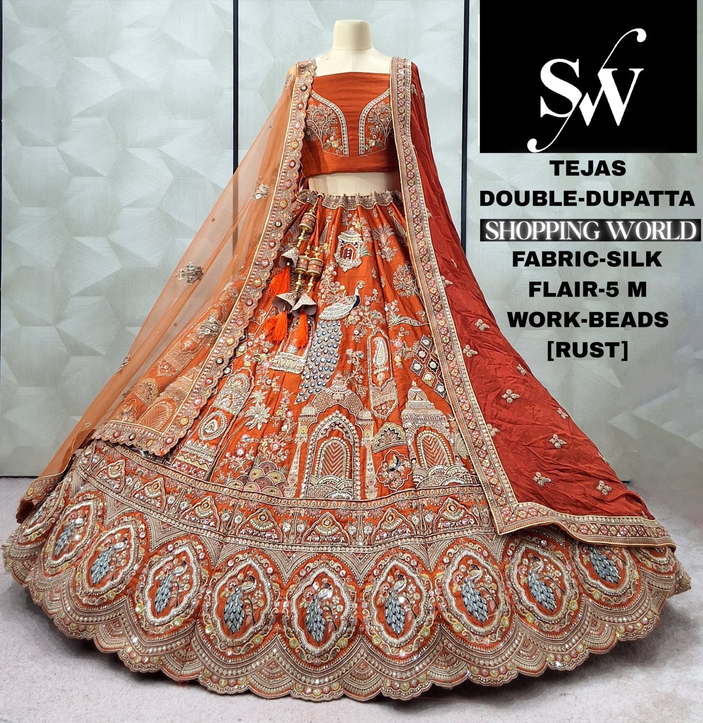 Rust Orange Peacock Silk Double Dupatta bridal Lehenga - Shopping World
